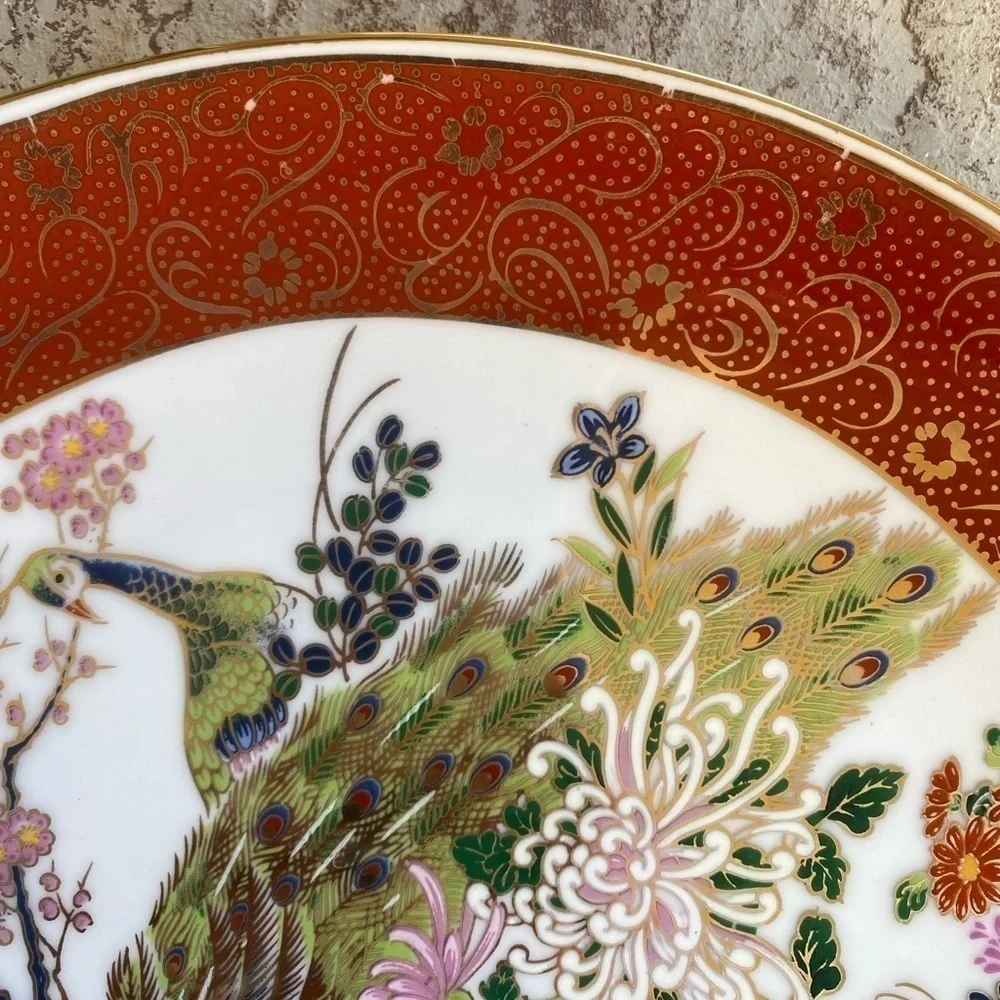 Vintage Japenese Satsuma Double Peacock & Peony‎ Hand Painted Porcelain Plate